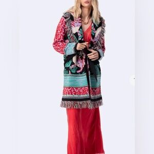 ESSITAM - Floral Jacquard Fringe Hem Longline Cardigan Coat Black Cream - Sz. S